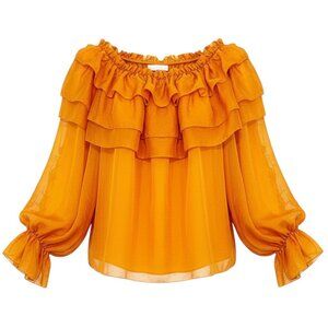 Alice + Olivia Silk Blouse Gold Off-Shoulder Ruffle XS